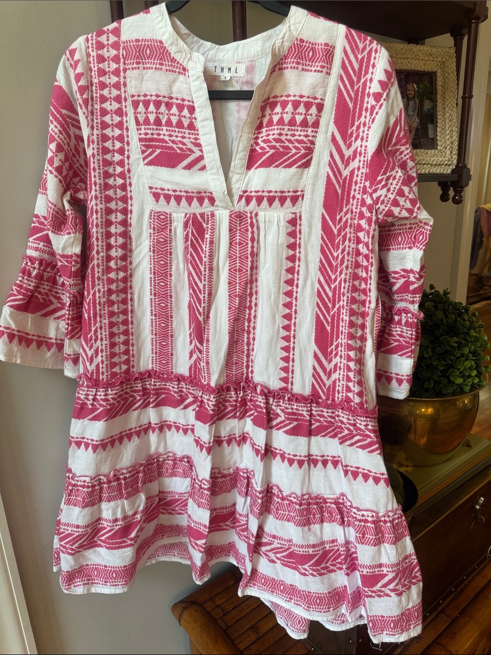 THML White Tunic Dress with Pink Geometric Print